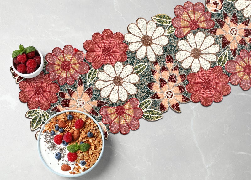 Light & Pro Lightnpro Beaded Table Runner - Elegant Handmade Floral Design - Decorative Table Accent for Dining, Weddings,, Everyday Use & Special Party Occasions - 13x36 Inch - Maroon Combo - Image 1